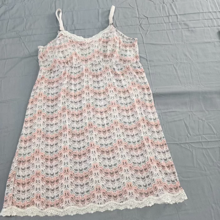 A Pea in the Pod Maternity Nightgown Chemise Size L Pink Chevron Lace V-Neck - Front