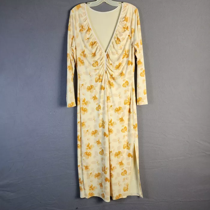 Abercrombie & Fitch Women's XL Yellow Floral Maxi Dress V-Neck Long Sleeve - Front