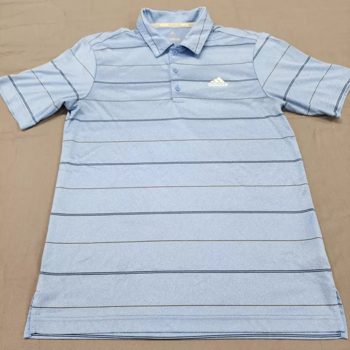 Adidas Golf Polo Shirt Men's S Light Blue Striped Short Sleeve Lightweight - Front