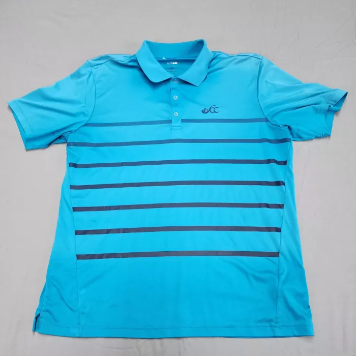 adidas Mens XL Blue Striped Short Sleeve Golf Polo Shirt Embroidered Logo - Front
