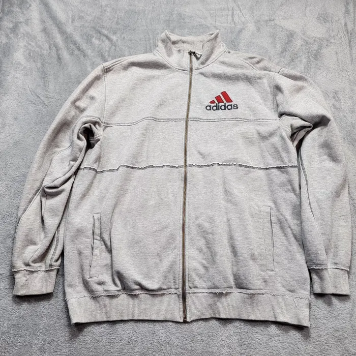 Adidas Track Jacket Men's 2XL Grey Full Zip Fleece Mock Neck Embroidered Logo - Front