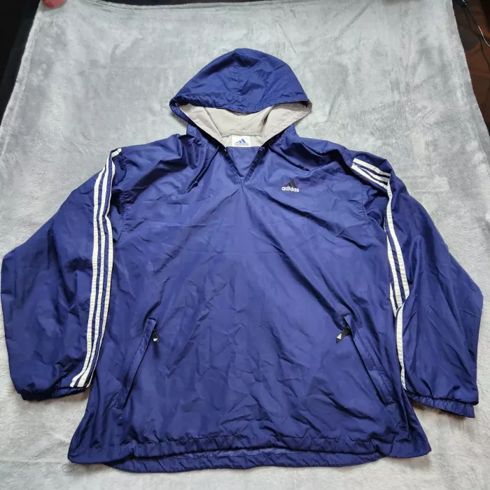Adidas Vintage Windbreaker Jacket Men's 2XL Navy Blue Pullover Hooded 3-Stripes - Front