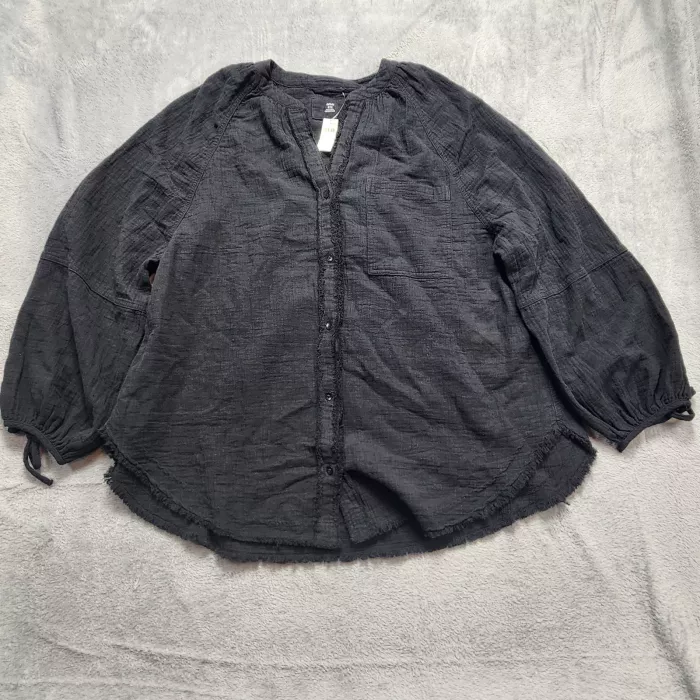 Aerie Women's Black Gauze Button Front Peasant Blouse Top Medium M - Front