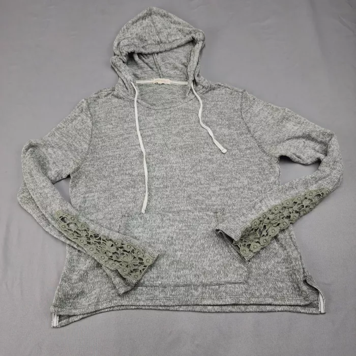 Aeropostale Womens XL Heather Gray Pullover Hoodie Lace Trim Sleeve Knit - Front