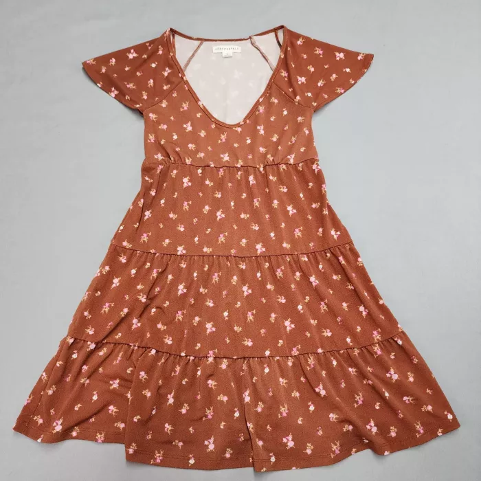 Aeropostale Womens XS Brown Floral Tiered Mini Dress V-Neck Short Sleeve - Front