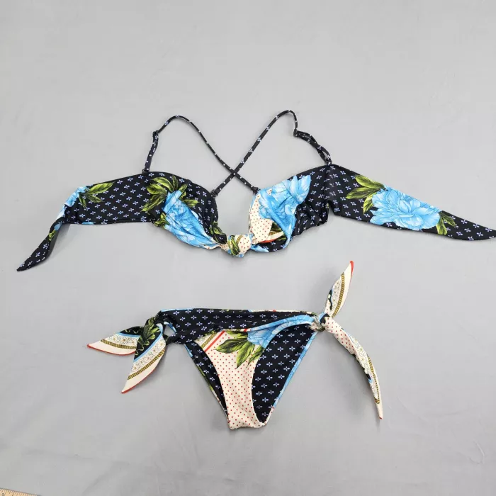 Agua Bendita Womens Bikini Set Size L Multicolor Floral Ruffle Tie Side - Front