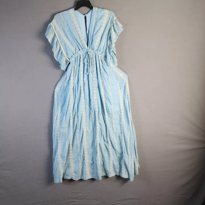 akaiv Womens L Light Blue Embroidered Maxi Dress Flutter Sleeve Drawstring NWT - Front