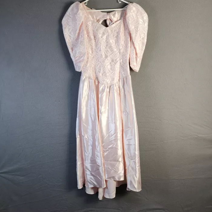 Alfred Angelo Vintage Pink Satin Lace Puff Sleeve Ball Gown Dress Women Size 16 - Front