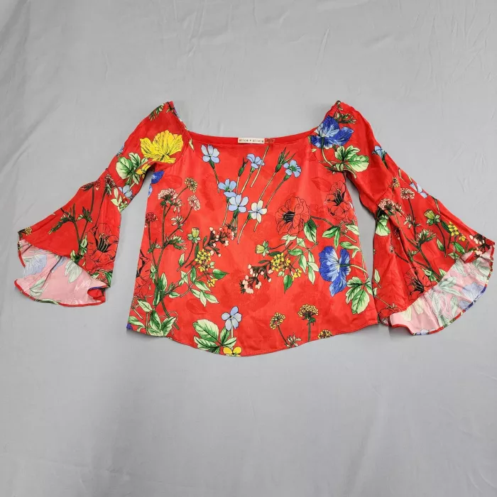 Alice Olivia Off The Shoulder Blouse Womens XS Red Floral Bell Sleeve Top - Front