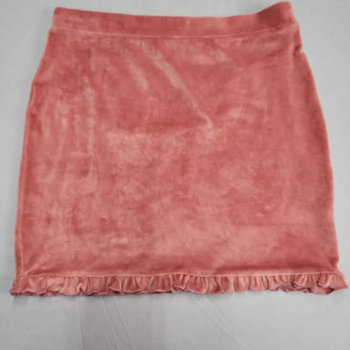 Altar'd State Womens L Pink Velour Mini Skirt Ruffle Hem Stretch Pull On - Front