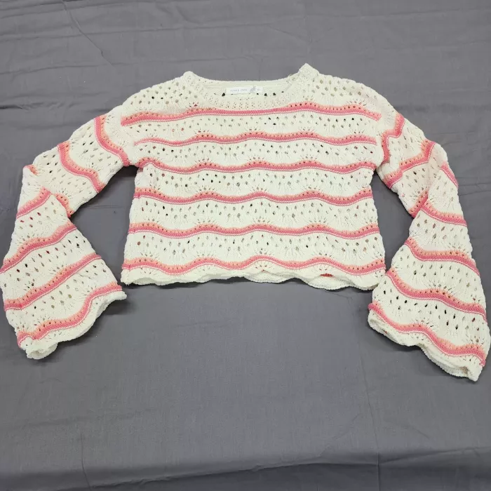 Altar'd State Womens XS Sweater Cropped Open Knit Bell Sleeve Striped Pink - Front