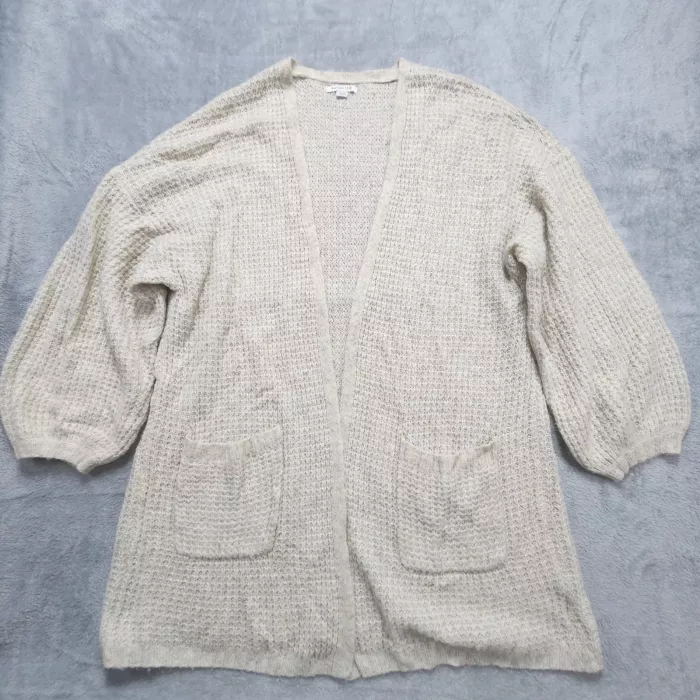 American Eagle Cardigan Sweater Women's XL Cream Waffle Knit Open Front Pockets - Front