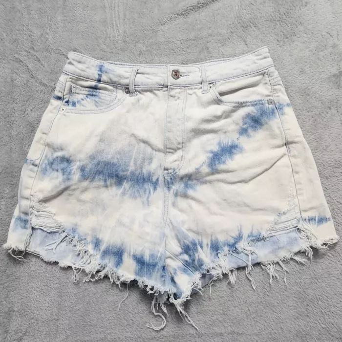 American Eagle High Rise Shorts Womens 6 Tie Dye Denim Cut Off Stretch Raw Hem - Front