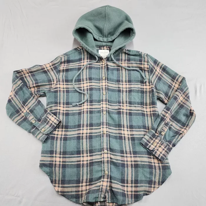 AMERICAN EAGLE OUTFITTERS Hooded Flannel Shirt Plaid Green Teal Tan Women's XS - Front