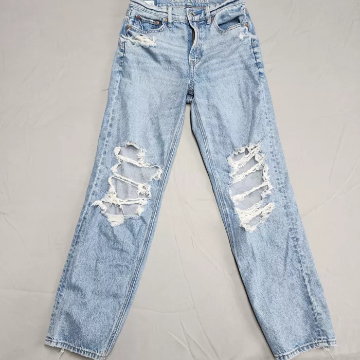 American Eagle Super Baggy Straight Jeans Womens Size 0 Light Blue Distressed - Front