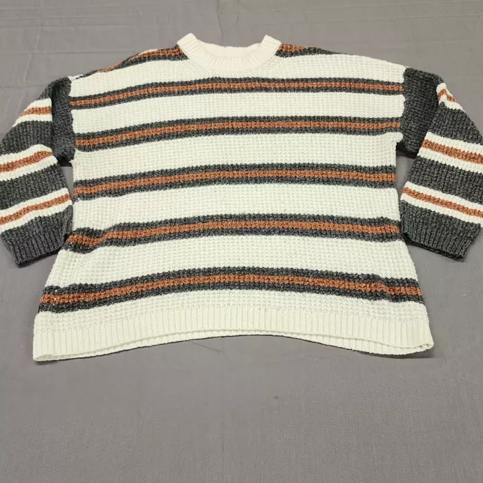 American Eagle Womens M Waffle Knit Sweater Striped Pullover Cream Gray Rust - Front
