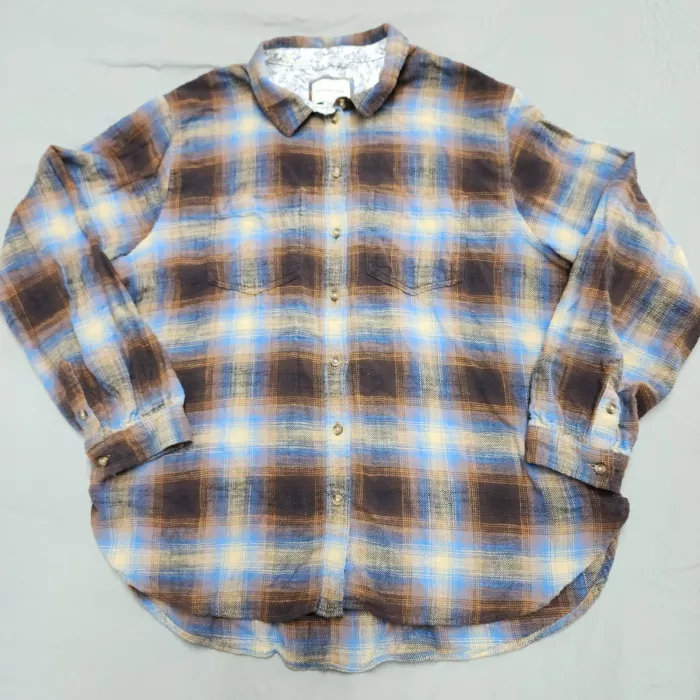 American Eagle Womens XXL Flannel Button Up Shirt Blue Brown Plaid Cotton - Front