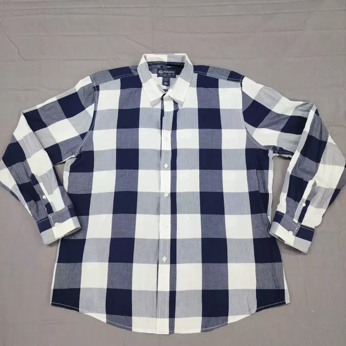 American Rag Mens XXL Navy Blue Buffalo Plaid Button Up Shirt Cotton Blend - Front