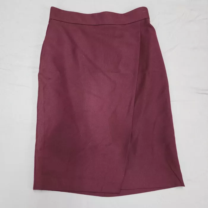 Ann Taylor Petite Skirt 4P Burgundy Wool Blend Faux Wrap Pencil Knee Length Line - Front