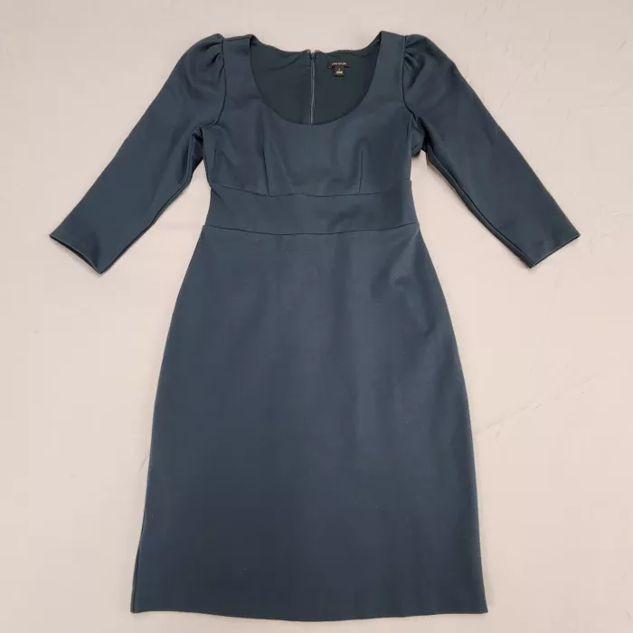 Ann Taylor Teal Sheath Dress Womens Size 0 3/4 Puff Sleeve Stretch Knit Lined - Front