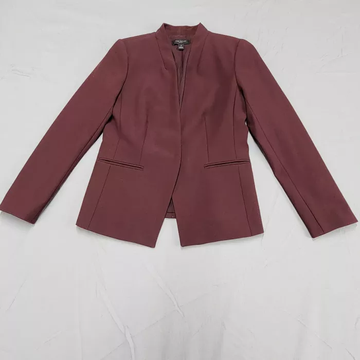 Ann Taylor Womens Blazer 2P Petite Burgundy Open Front Lined Long Sleeve Jacket - Front