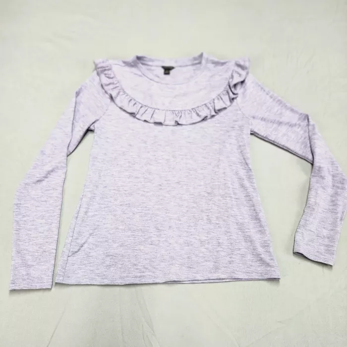 Ann Taylor Womens M Purple Heathered Long Sleeve Ruffle Crew Neck Knit Top - Front