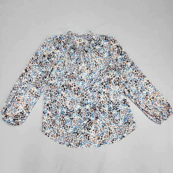 Anne Klein Blouse Womens L Multicolor Animal Print Tie Neck Long Sleeve Top - Front