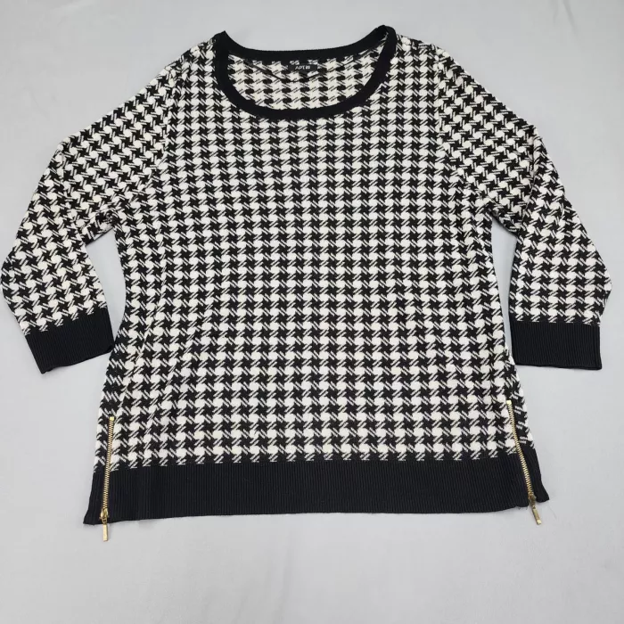 Apt. 9 Womens XL Sweater Black White Houndstooth Metallic 3/4 Sleeve Pullover - Front