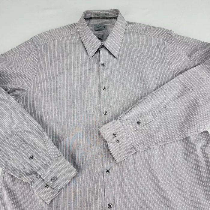 ARROW Dress Shirt Slim Fit Men's XL 17.5 36/37 Gray Red White Stripe Wrinkle Fre - Main