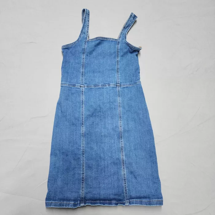 Art Class Girls XL 14 Blue Denim Pinafore Dress Sleeveless Square Neck Stretch - Front