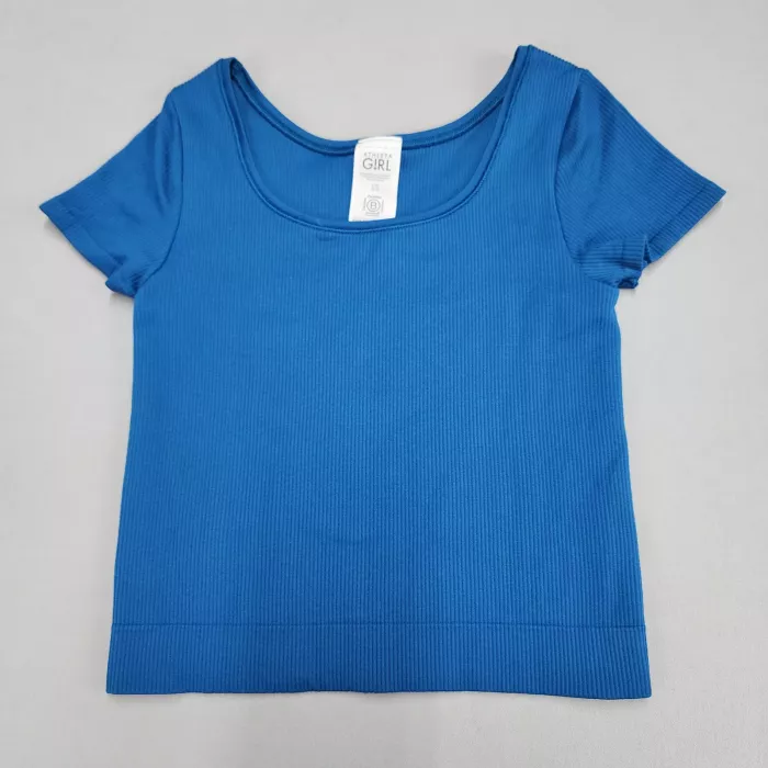 Athleta Girl Size L 12 Blue Ribbed T-Shirt Scoop Neck Short Sleeve Stretch - Front