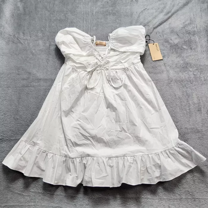 Bailey/44 Dress Women's Large White Mini Fit Flare Smocked Ruffle Tie Front NWT - Front