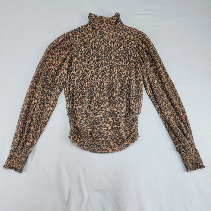 BAILEY / 44 Women's S Leopard Print Mock Neck Ruched Blouse Long Sleeve Brown Bl - Front
