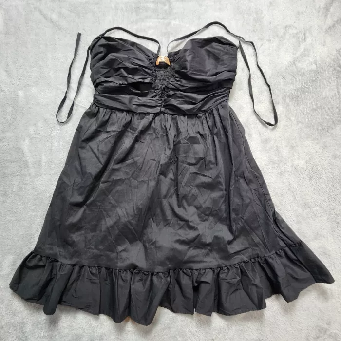 Bailey 44 Zahara Dress Women's Large Black Mini Ruffle Ruched Smocked Fit Flare - Front