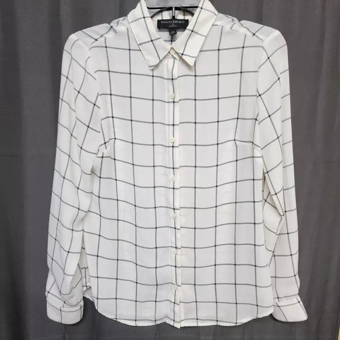 BANANA REPUBLIC Blouse Button Up Shirt Women's XS White Black Grid Long Sleeve - Front