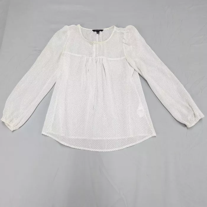 Banana Republic Blouse Womens XS Petite White Metallic Polka Dot Sheer Peasant - Front