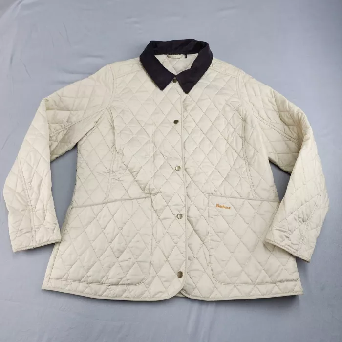 Barbour Women's M 14 Cream Beige Quilted Jacket Button Corduroy Collar - Front