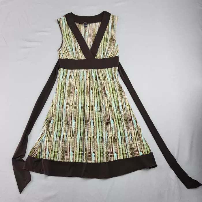 BCX A-Line Dress Women's S Multicolor Geometric V-Neck Sleeveless Tie-Waist Knee - Front
