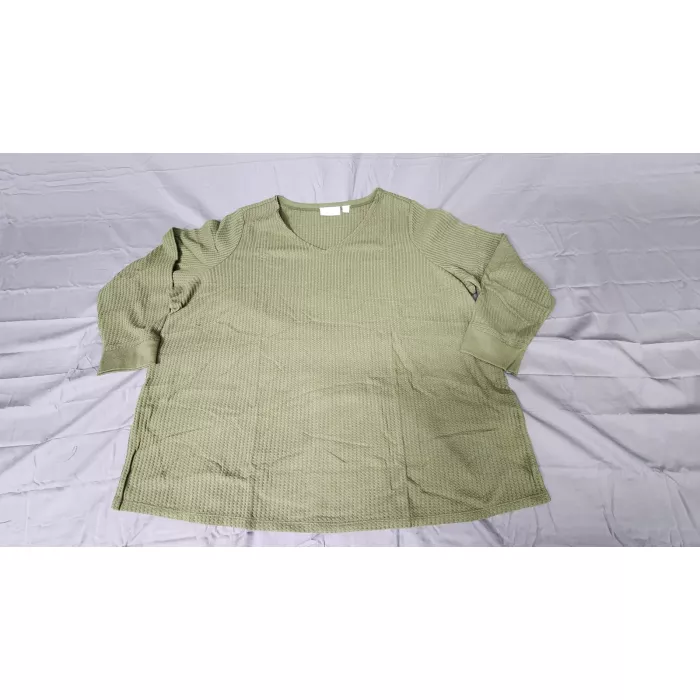 Belle by Kim Gravel 3X Womens Loden Green Waffle Knit V-Neck Long Sleeve Top - Front