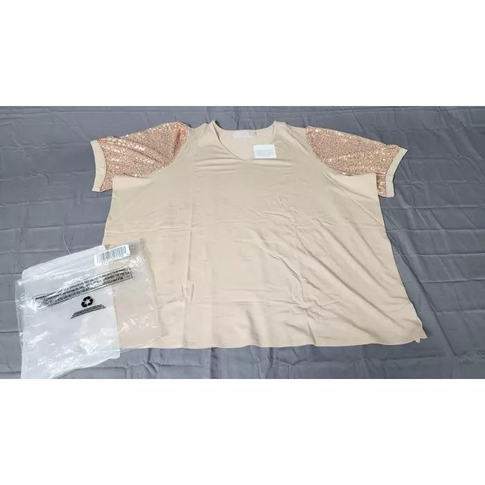 Belle by Kim Gravel 4X Plus Sequin Sleeve V-Neck Ribbed Knit Top Fawn Beige - Main