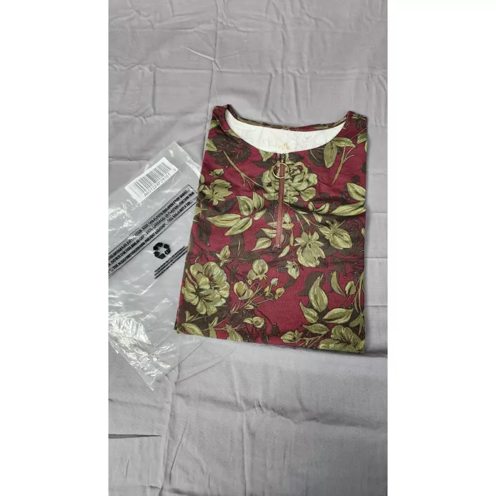 Belle by Kim Gravel 5X Plus Merlot Floral 1/4 Zip 3/4 Sleeve Knit Top Shirt - Main