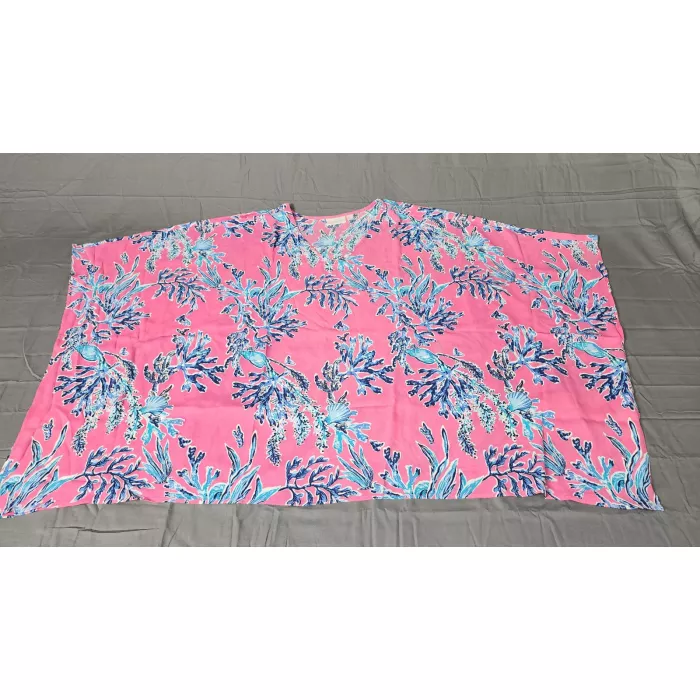 Belle by Kim Gravel Womens 5X Pink Tropical Print V-Neck Poncho Tunic Blouse - Front