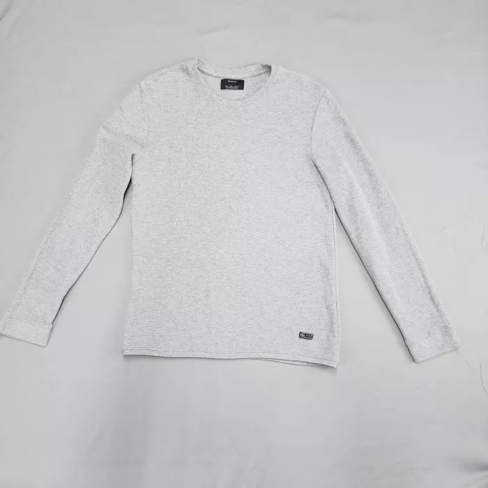 Bershka Mens L Light Gray Waffle Knit Long Sleeve T-Shirt Crew Neck Solid - Front