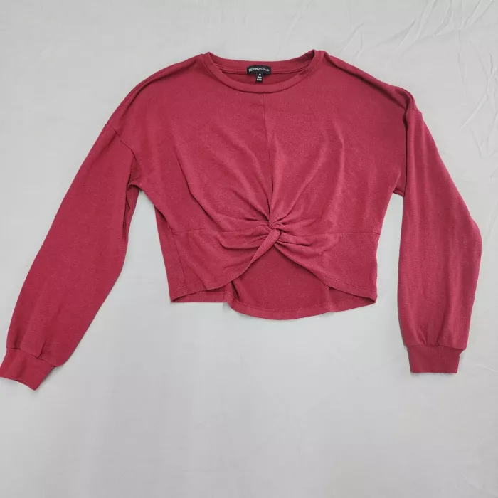 Beyond Yoga Twist Front Cropped Top Womens XS Burgundy Long Sleeve Knit Shirt - Front