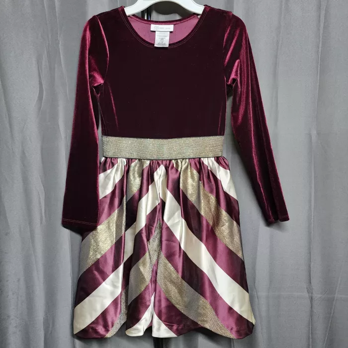 Bonnie Jean Girls 10 Burgundy Velvet Metallic Striped A-Line Dress Long Sleeve - Front