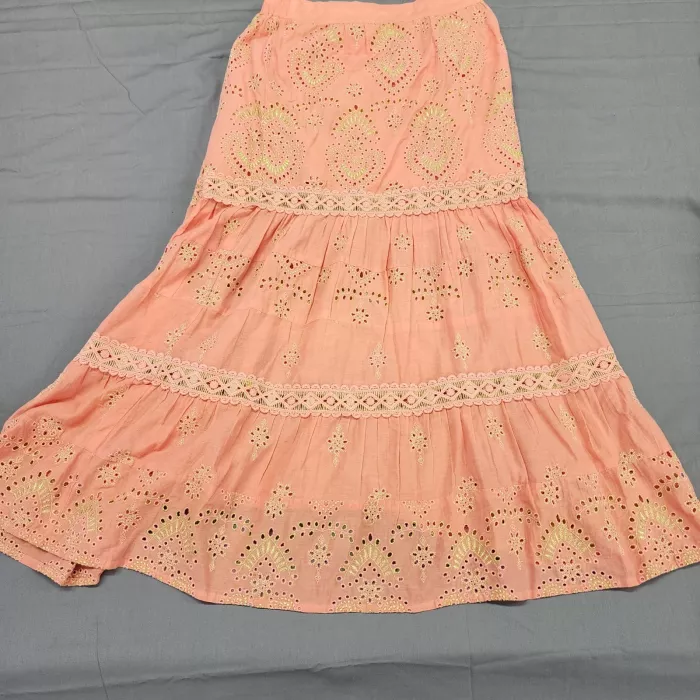 Boston Proper Womens S Peach Cotton Tiered Maxi Skirt Eyelet Gold Embroidery - Front