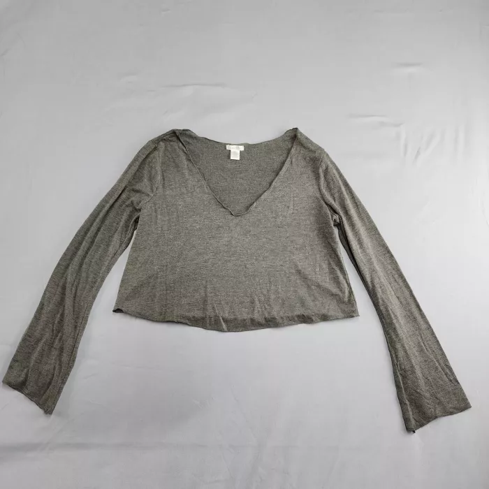 BOZZOLO Cropped Deep V-Neck Bell Sleeve Top Women's M Grey Knit Blouse - Front