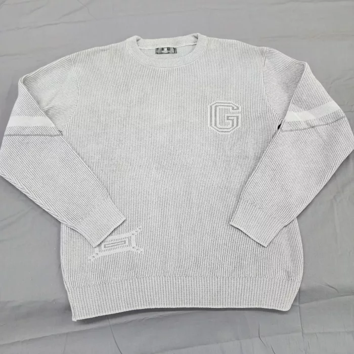 BR Brothers Mens L Grey Ribbed Knit Crew Neck Sweater Long Sleeve G Logo - Front