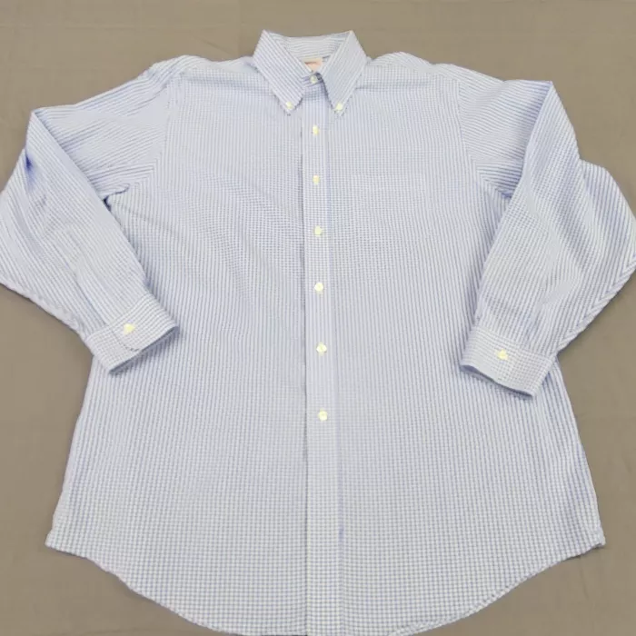 Brooks Brothers Madison Dress Shirt Mens 16.5 34 Blue Gingham Non Iron Cotton - Front
