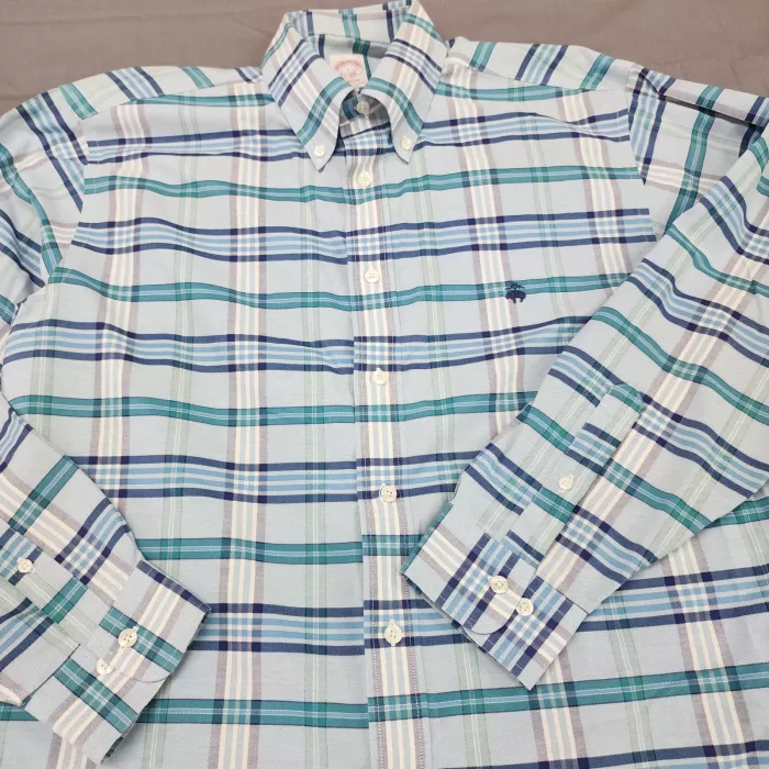 Brooks Brothers Madison Fit Non-Iron Shirt Mens L Blue Plaid Supima Cotton - Main